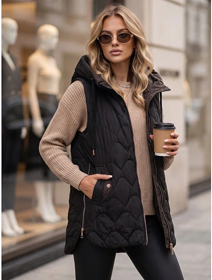 Dámská dlouhá prošívaná vesta s kapucí, černá, FashionStreet TY5922 Dámská dlouhá prošívaná vesta s kapucí, černá, FashionStreet TY5922