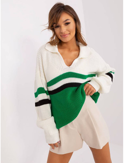 Ecru-zelený volný svetr s límečkem a s přídavkem vlny (8054)
