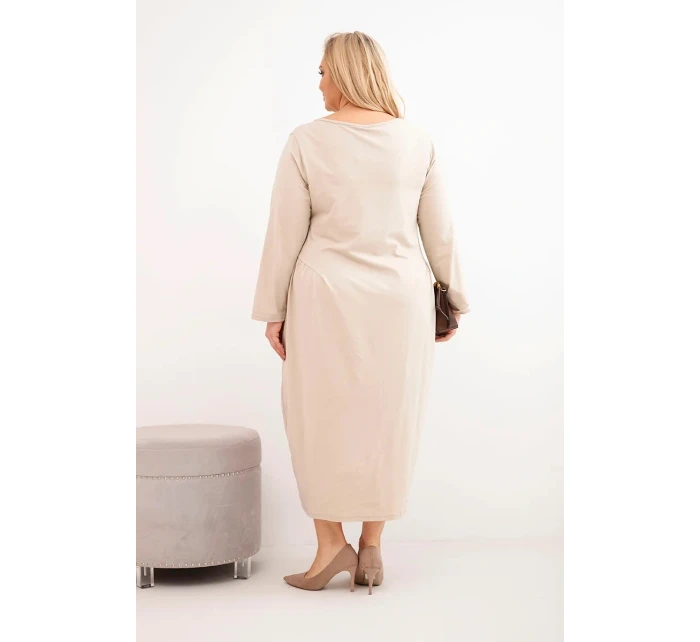 Dámská sukýnka Plus Size bavlněná s dlouhým rukávem a nařasením v pase béžová