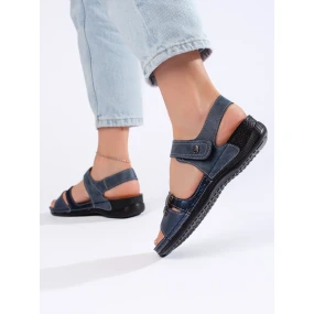 Zajímavé  sandály dámské modré na plochém podpatku