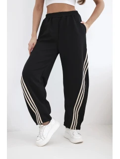 Dámské máslové kalhoty z viskózy s lampasem černé + béžové