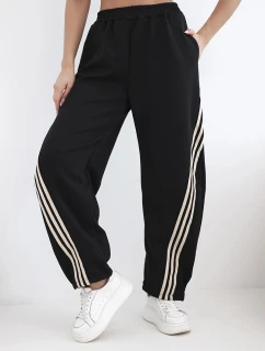 Dámské máslové kalhoty z viskózy s lampasem černé + béžové