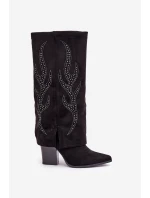 Zdobené kozačky s ohrnutým svrškem na podpatku černé model 21681562 - Boto