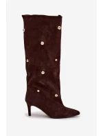 dámské kozačky na jehlovém podpatku se zlatými ozdobami hnědé model 21757799 - Boto