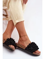 Dámské pantofle na korkové podrážce s ozdobnými květinami Černé Seleneza