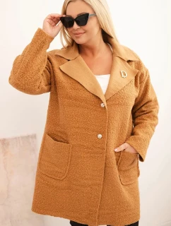Dámský kabát Plus Size model 21439152 s vlnou a kapsami camelový - K-Fashion