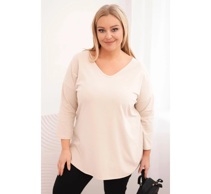 Dámská bavlněná blůza Plus Size s výstřihem do V a ohrnovacími rukávy béžová Dámská bavlněná blůza Plus Size s výstřihem do V a ohrnovacími rukávy béžová