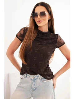 Dámská viskózová krajková halenka s krátkým rukávem a model 22048825 hnědá - K-Fashion