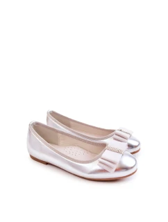 Kožené dětské baleríny s ozdobnou mašlí stříbrne Claril