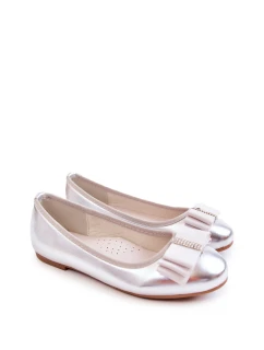 Kožené dětské baleríny s ozdobnou mašlí stříbrne Claril