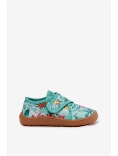 Dětské papuče na suchý zip Barefoot Květiny Listy Froddo G1700438-14 Mentolové