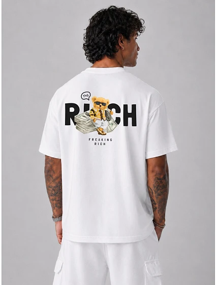 Pánské bílé tričko s potiskem Freaking Rich oversize FashionStreet NX4012R