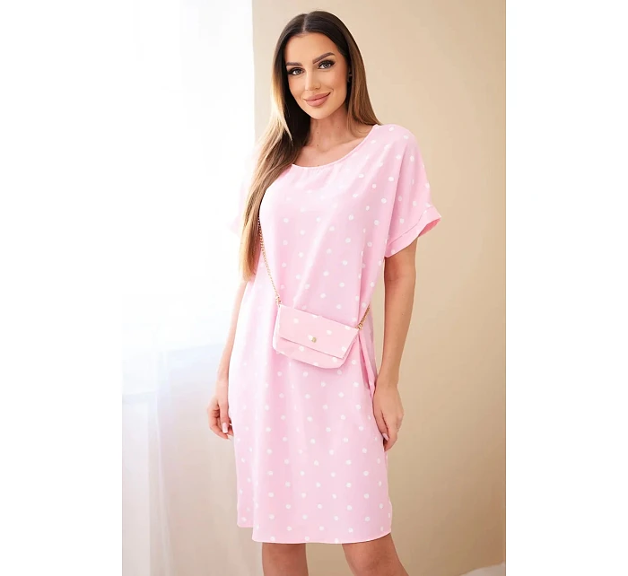 Dámské šaty s puntíky s krátkým rukávem a kabelkou bonbónově růžová Dámské šaty s puntíky s krátkým rukávem a kabelkou bonbónově růžová