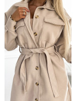 Teplý béžový kabát s kapsami, knoflíky a zavazováním v pase 493-1