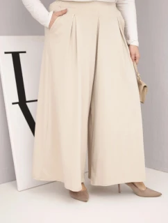 Dámské bavlněné kalhoty Plus Size s širokými nohavicemi a volným střihem béžové