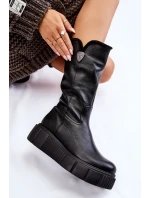 model 21605589 Kožené dámské kozačky s vlnou černé - Zazoo