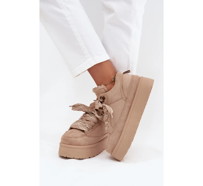 Šněrovací dámské sněhule na platformě zateplené kožíškem béžové Tavelle Šněrovací dámské sněhule na platformě zateplené kožíškem béžové Tavelle