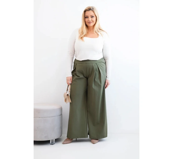 Dámské kalhoty Plus Size s širokými nohavicemi a plisováním khaki