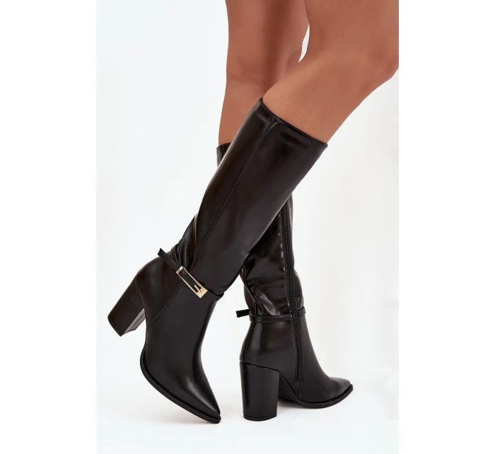 Dámské kozačky na podpatku s přezkou vyhřívané černé model 21747650 - Boto