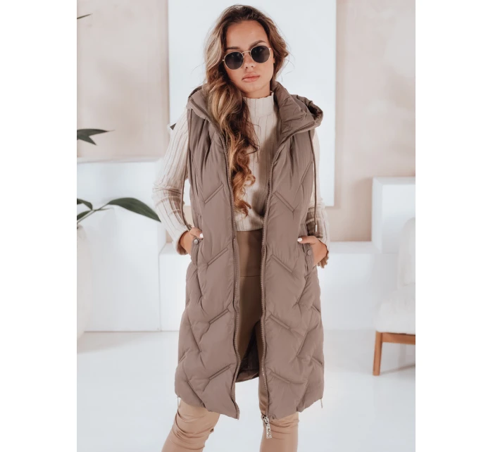 Dámská dlouhá prošívaná vesta s kapucí tmavě béžová FashionStreet TY5100