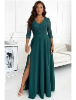 AMBER - Elegantní dlouhé dámské krajkové šaty v lahvově zelené barvě s výstřihem 309-5
