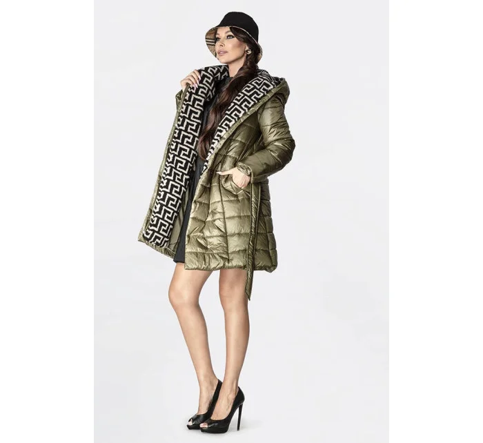 Lehká dámská zimní bunda v khaki barvě se zateplenou kapucí (omdl-019)