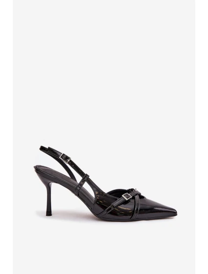 Dámské lakované lodičky s odkrytou patou a pásky Ravira – černé Dámské lakované lodičky s odkrytou patou a pásky Ravira – černé