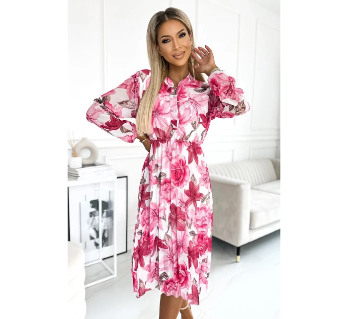 Plisované dámské midi šaty s dlouhými rukávy a se vzorem tmavě květů na pozadí model 21366270 - numoco basic Plisované dámské midi šaty s dlouhými rukávy a se vzorem tmavě květů na pozadí model 21366270 - numoco basic