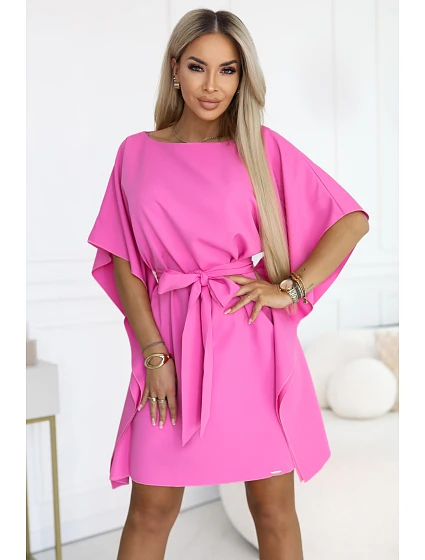 287-42 SOFIA Růžové motýlí šaty se zavazováním v pase - světle fuchsiová barva