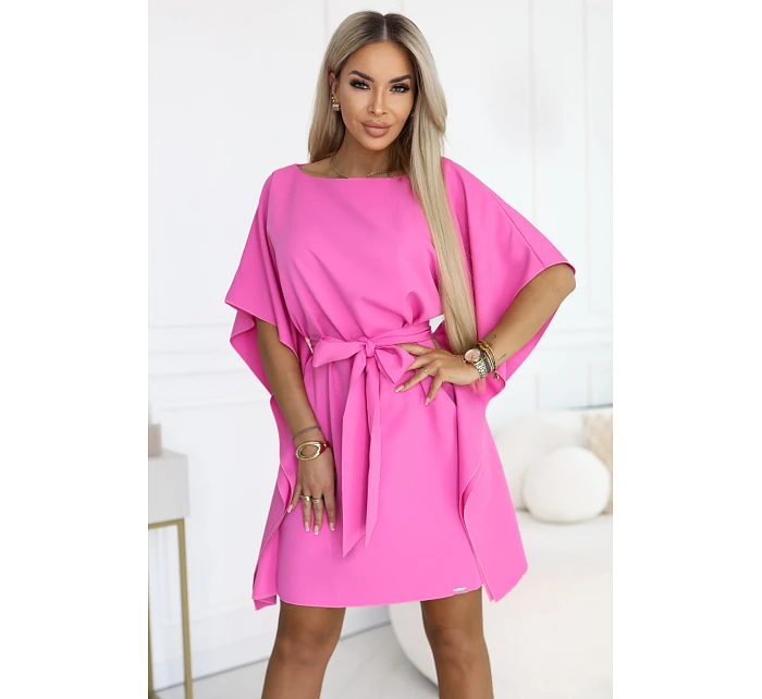 287-42 SOFIA Růžové motýlí šaty se zavazováním v pase - světle fuchsiová barva