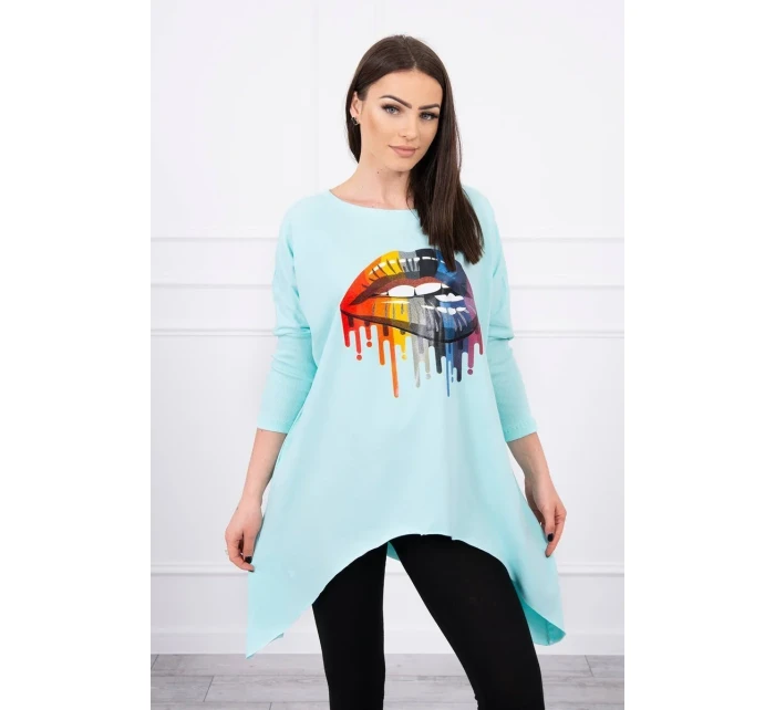 Oversize halenka s duhovým potiskem rtů v barvě mint