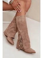 Dámské Kožené Boty Na Podpatku S třásněmi Béžové model 21704788 - Boto