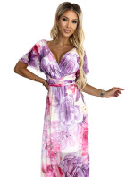 CINZIA - Dámské síťované šaty s výstřihem, krátkými rukávy, dlouhým zavazováním v pase a se vzorem velkých fialovo-růžových květů 489-1