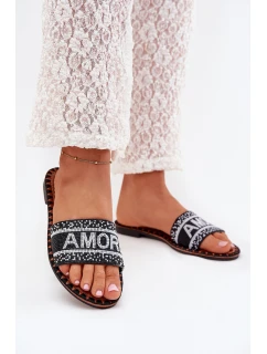 Dámské Pantofle Na Plochém Podpatku Se Zdobením Amore Černé Avelina