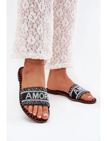 Dámské Pantofle Na Plochém Podpatku Se Zdobením Amore Černé Avelina