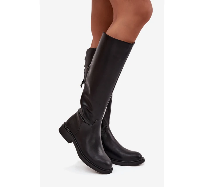 Zateplené dámské kozačky z pravé kůže na nízkém podpatku model 21713362 Černé - VINCEZA