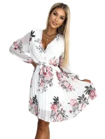 Bílé dámské plisované šaty se vzorem výstřihem, dlouhými rukávy a páskem model 22077518 - numoco basic