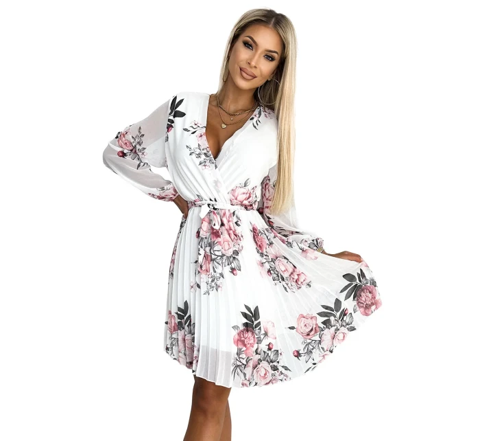 Bílé dámské plisované šaty se vzorem výstřihem, dlouhými rukávy a páskem model 22077518 - numoco basic