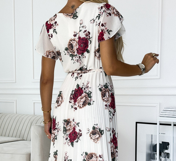 LISA - Dámské plisované midi šaty s výstřihem, volánky a se vzorem vínových bordó růží 434-7