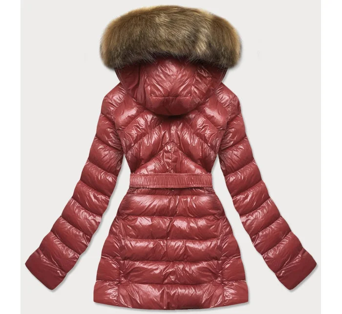 Lesklá zimní bunda ve vínové bordó barvě s mechovitou kožešinovou podšívkou (w674)