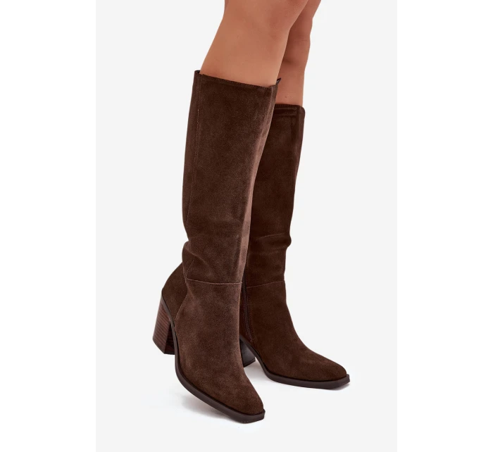 Dámské kozačky na sloupkovém podpatku se zipem Lissara – čokoládové, eko semiš Dámské kozačky na sloupkovém podpatku se zipem Lissara – čokoládové, eko semiš