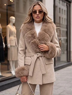 Płaszcz damski dwurzędowy z odpinanym kołnierzem beżowy FashionStreet TY6078