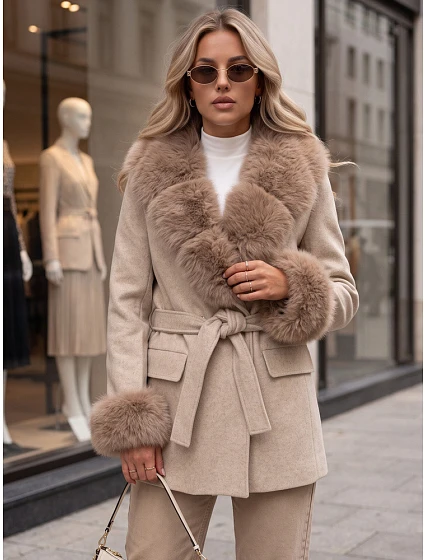 Płaszcz damski dwurzędowy z odpinanym kołnierzem beżowy FashionStreet TY6078 Płaszcz damski dwurzędowy z odpinanym kołnierzem beżowy FashionStreet TY6078
