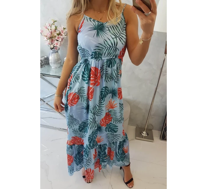 Šaty s motivem listů v modré barvě