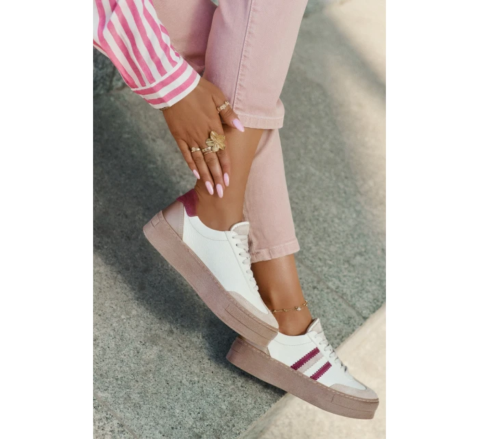 Kožené dámské sneakersy na platformě Zazoo N1234 béžovo-červené Kožené dámské sneakersy na platformě Zazoo N1234 béžovo-červené