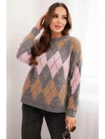 Svetr dámský s ajurem a kulatým výstřihem v diamond s vlnou šedý Svetr dámský s ajurem a kulatým výstřihem v diamond s vlnou šedý