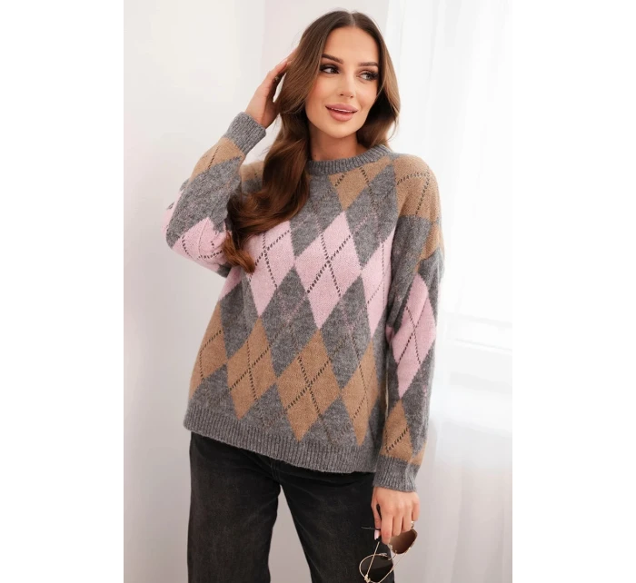Svetr dámský s ajurem a kulatým výstřihem v diamond s vlnou šedý Svetr dámský s ajurem a kulatým výstřihem v diamond s vlnou šedý