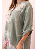 Dámská blůza z bavlny s květinovým vzorem a knoflíky khaki Dámská blůza z bavlny s květinovým vzorem a knoflíky khaki