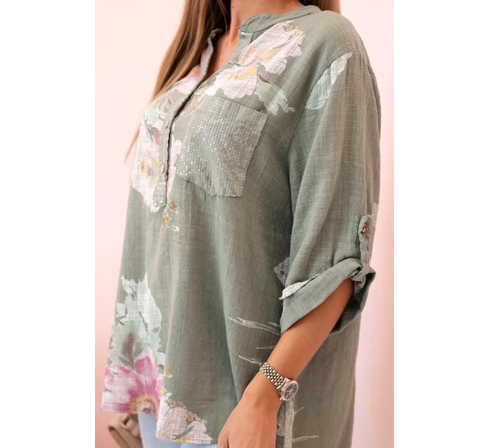 Dámská blůza z bavlny s květinovým vzorem a knoflíky khaki Dámská blůza z bavlny s květinovým vzorem a knoflíky khaki