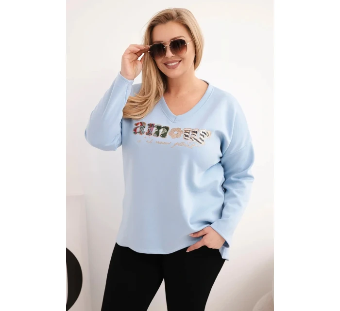 Dámská mikina Plus Size s nápisem a výstřihem do V modrá Dámská mikina Plus Size s nápisem a výstřihem do V modrá